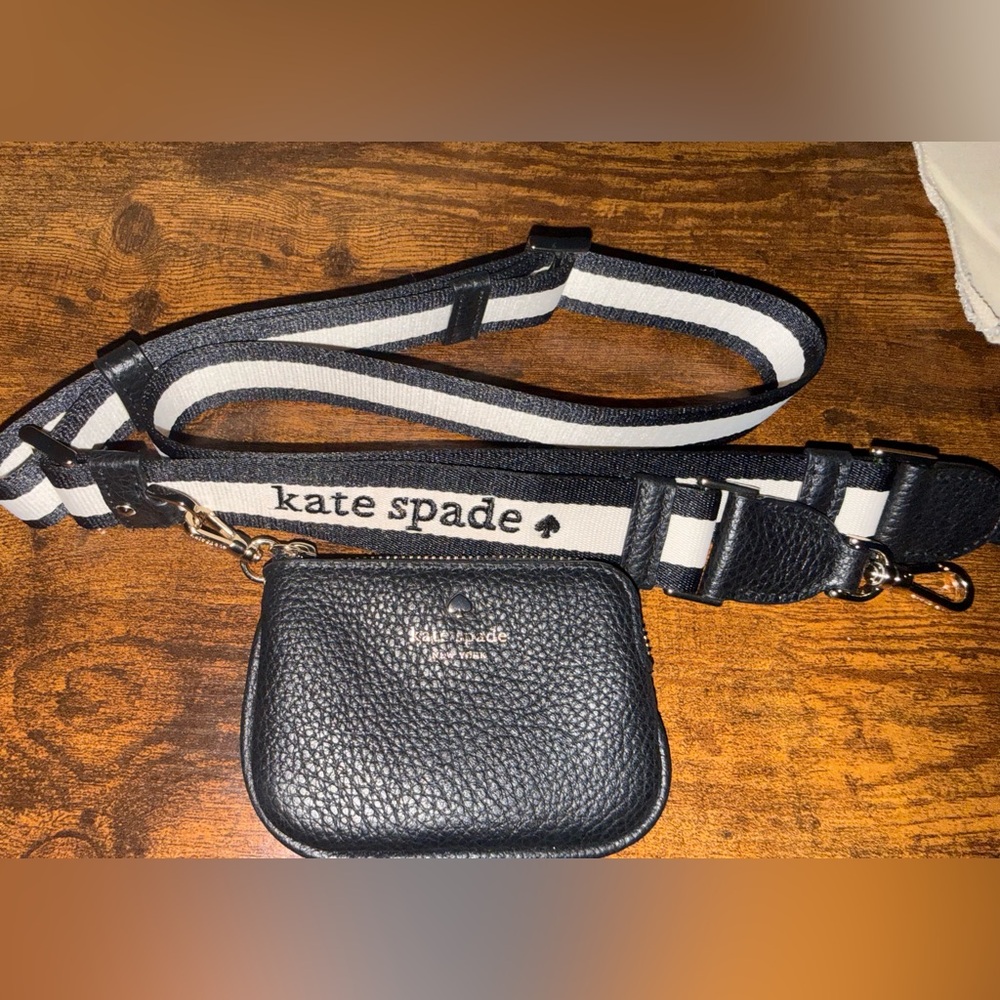 kate spade Branded Stripe Strap with detachable Black Pebbled Leather Coin Pouch